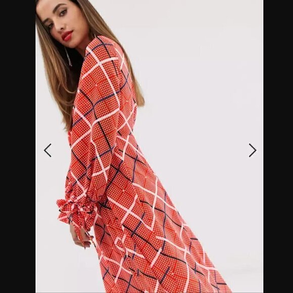 ASOS DESIGN Maxi Dress 0 Wrap Textured Check Sheer Slit Fall Photoshoot Party - Picture 8 of 12